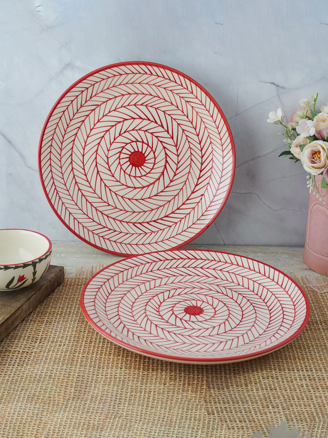 The Decor Mart 2 Pieces Red & White Hand Painted Ceramic Matte Plates