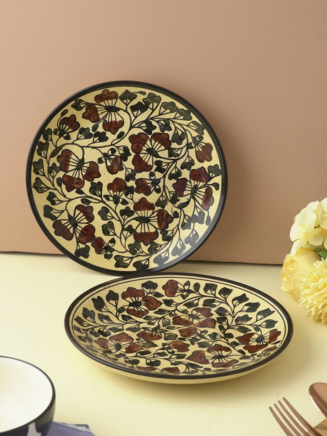 The Decor Mart 2 Pieces Yellow & Brown Leaves Hand Painted Ceramic Matte Plates