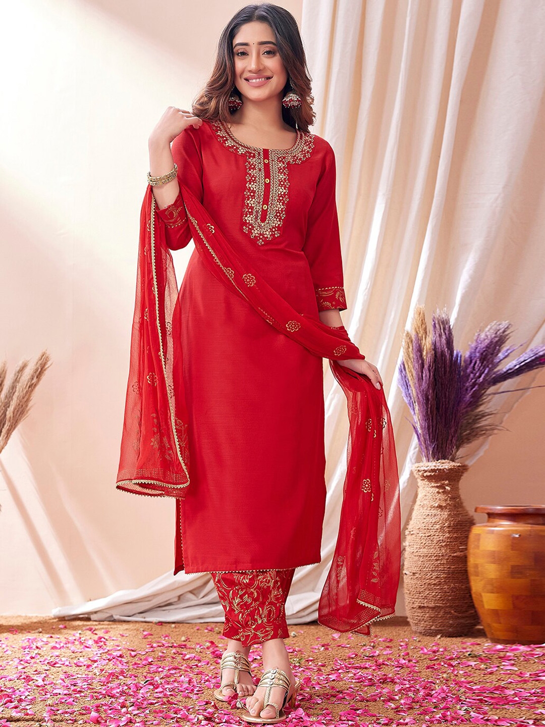 KALINI Floral Embroidered Regular Foil Printed Sequined Kurta With Trousers & Dupatta - Kurta Sets for Women 26302298 | Myntra