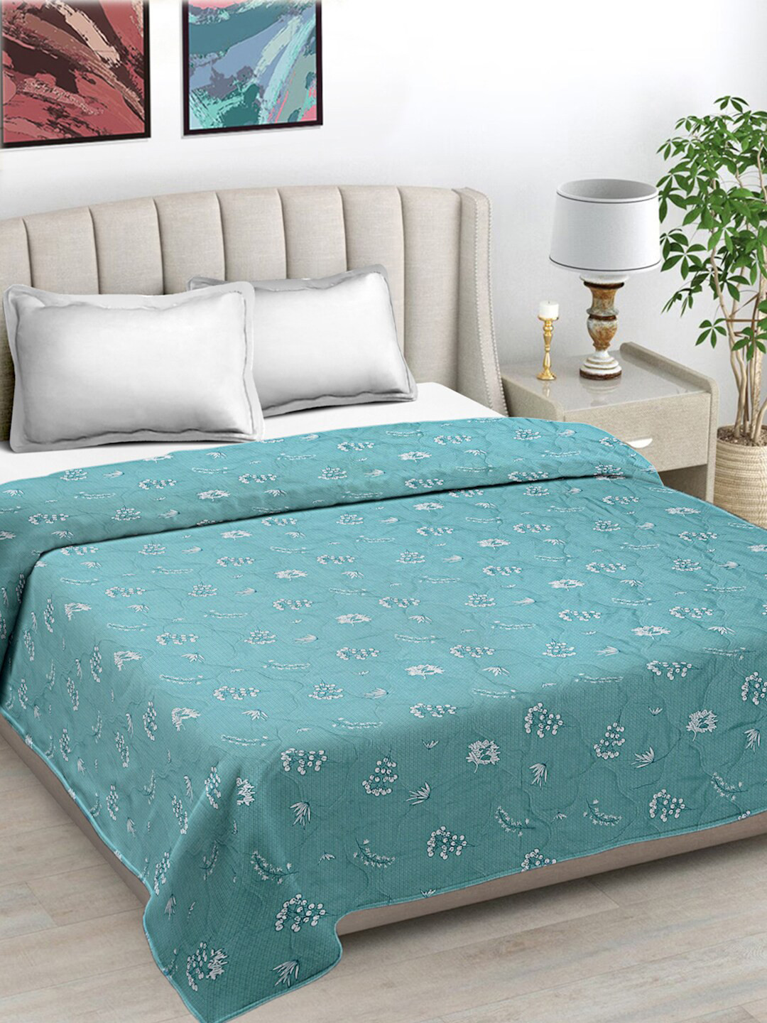 FABINALIV Turquoise Blue Floral Mild Winter Reversible 350 GSM Double Bed Comforter