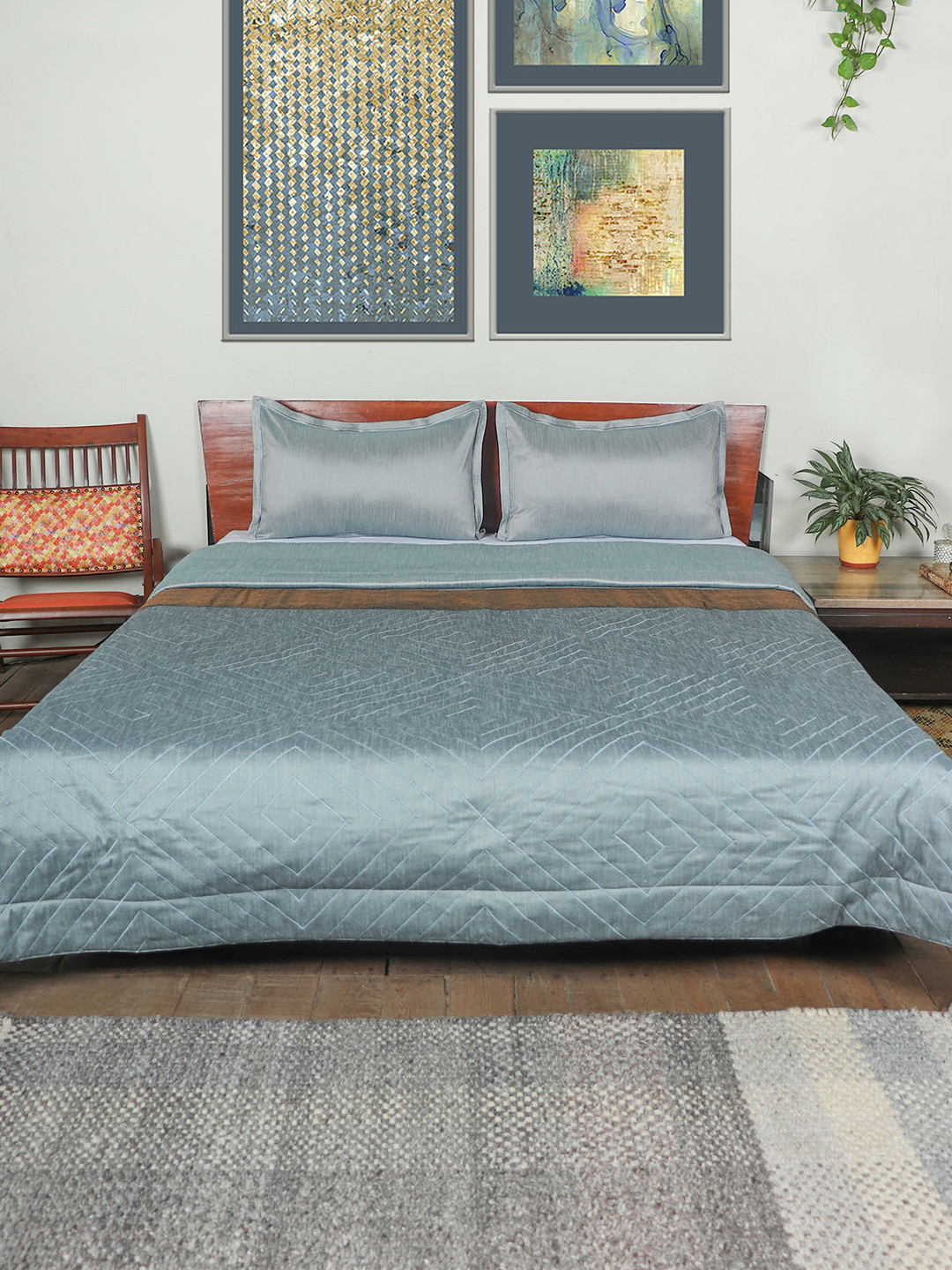 ZEBA Blue Quilted AC Room 500 GSM Double Bed Quilt with 2 Pillow Covers