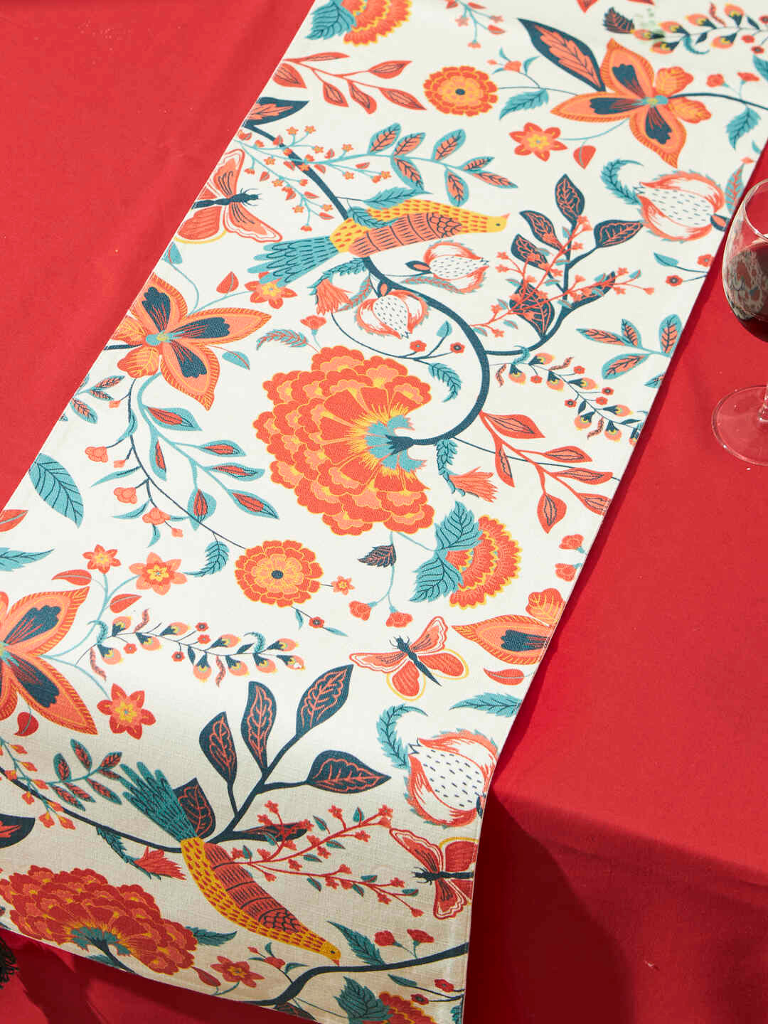 Chumbak Cream & Orange Floral Printed Cotton Table Runner