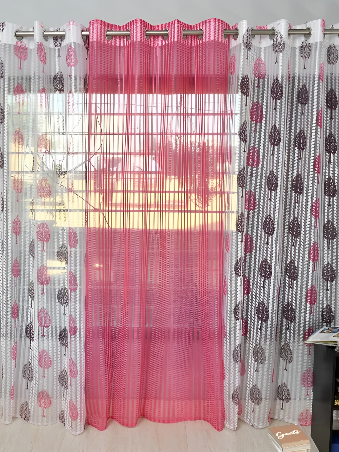 COMFY HOME Pink & White 3 Pieces Ethnic Motifs Sheer Window Curtains