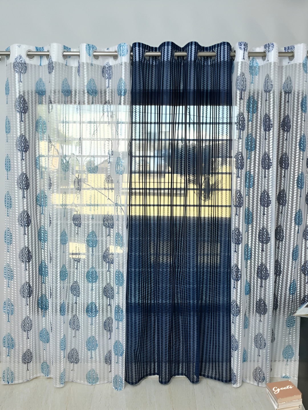 COMFY HOME Blue & White 3 Pieces Floral Sheer Window Curtains