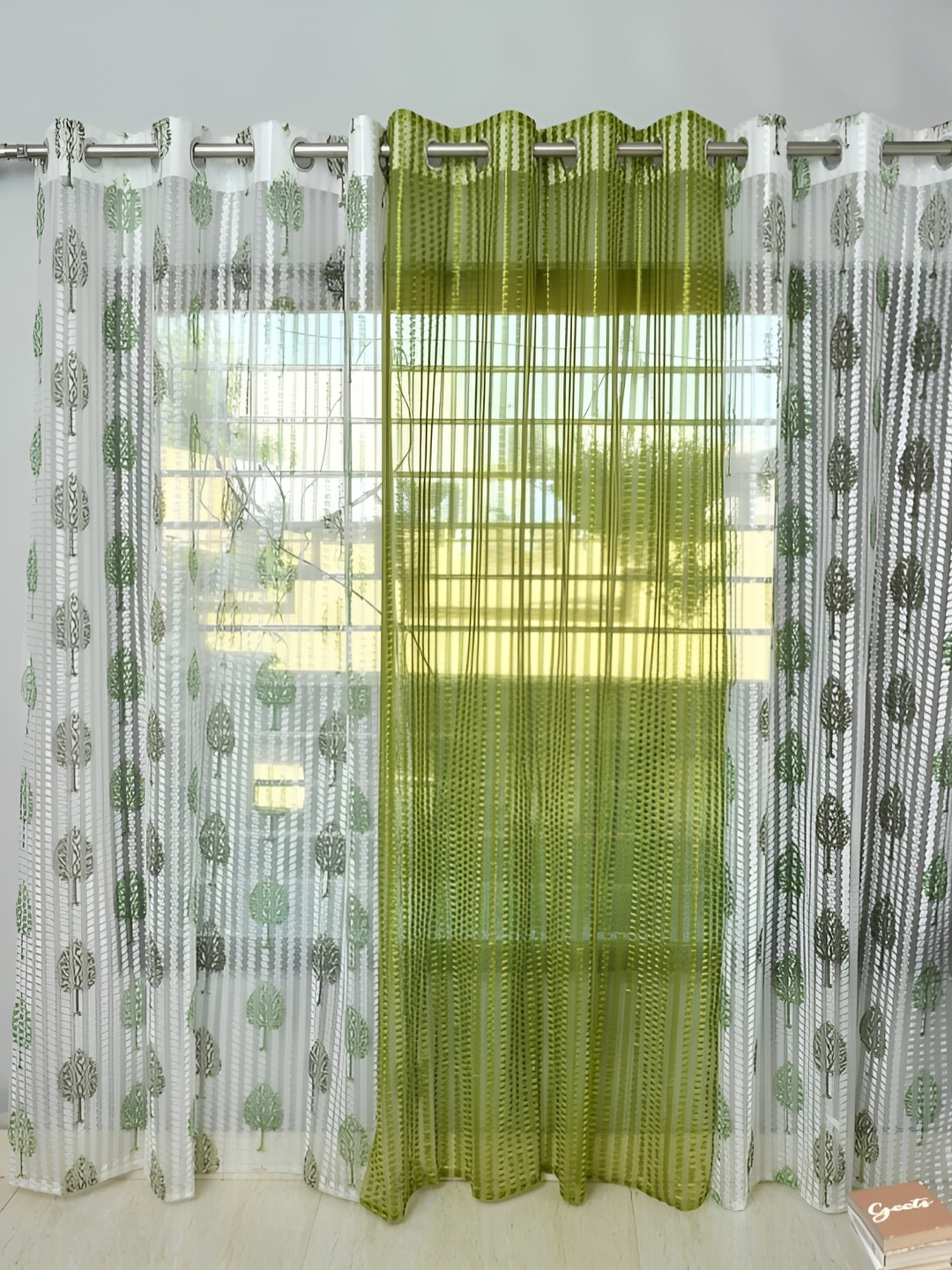 COMFY HOME White & Green 2 Pieces Floral Sheer Long Door Curtains