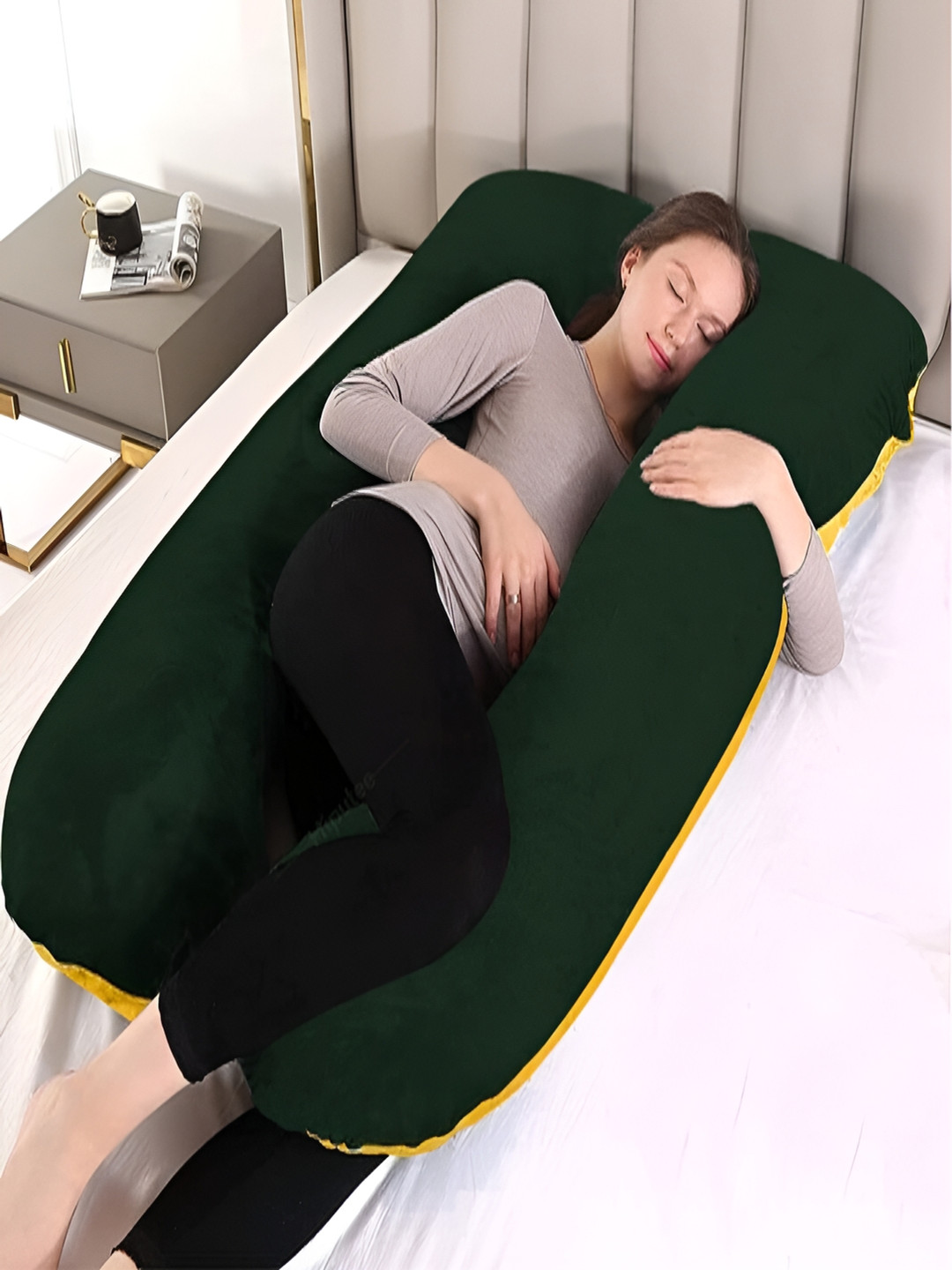 Angel Mommy Green Solid Faux Velvet Ultra Soft Fibre Maternity Pillow-121 x 68 x 121 cm