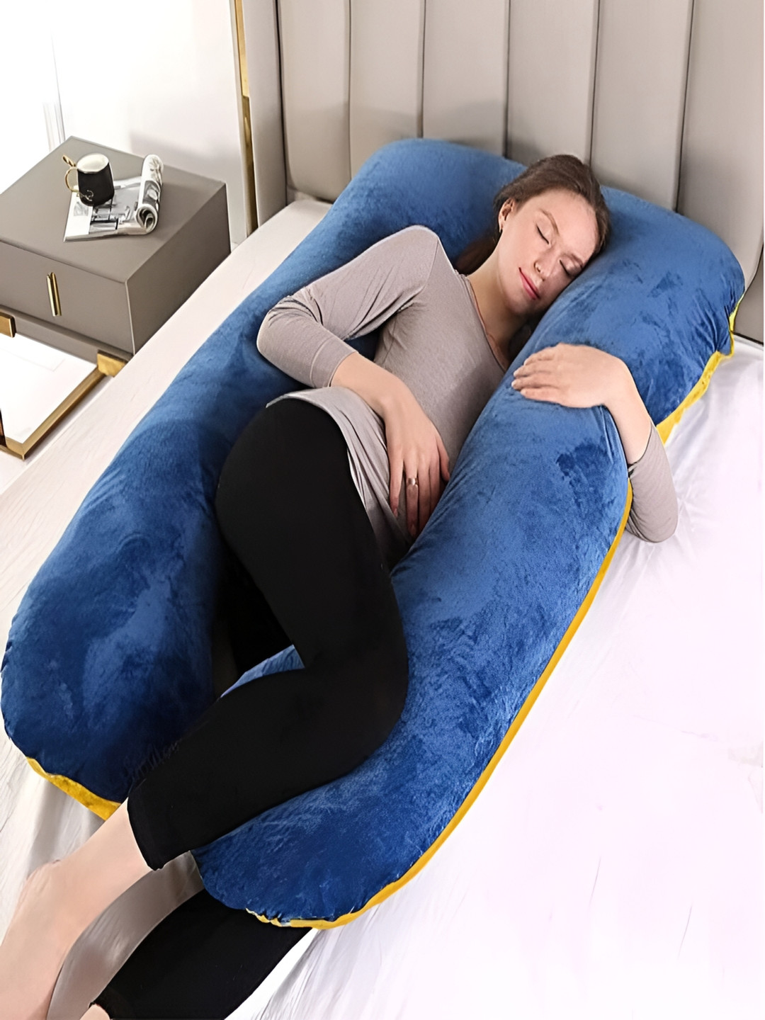 Angel Mommy Blue Solid Faux Velvet Firm Fibre Maternity Pillow-20 x 75 x 140 cm