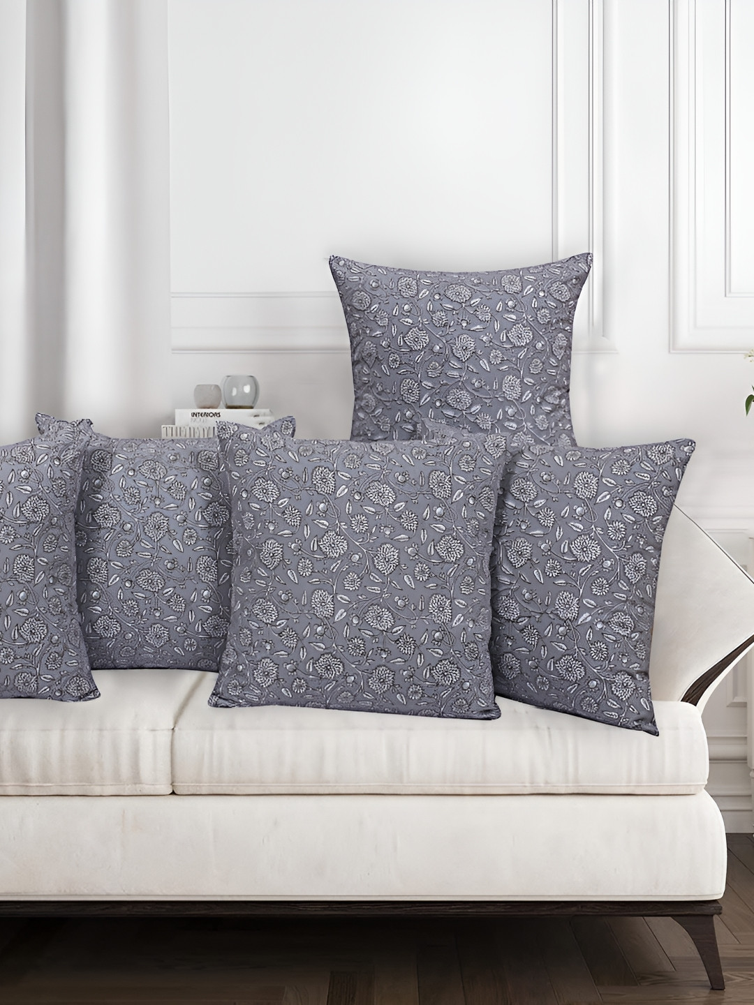 Texstylers Jaipuri Print Floral Polyester Silk Reversible 5 Pcs Cushion Covers -16x16In