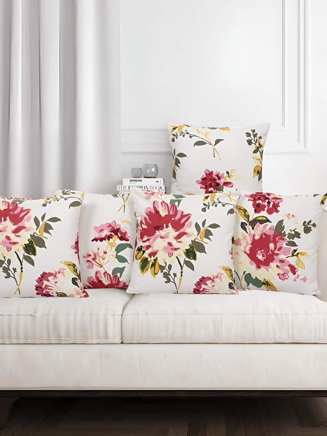 Texstylers Pink Floral Cotton Reversible 5 Patchwork Square Cushion Covers -16x16In