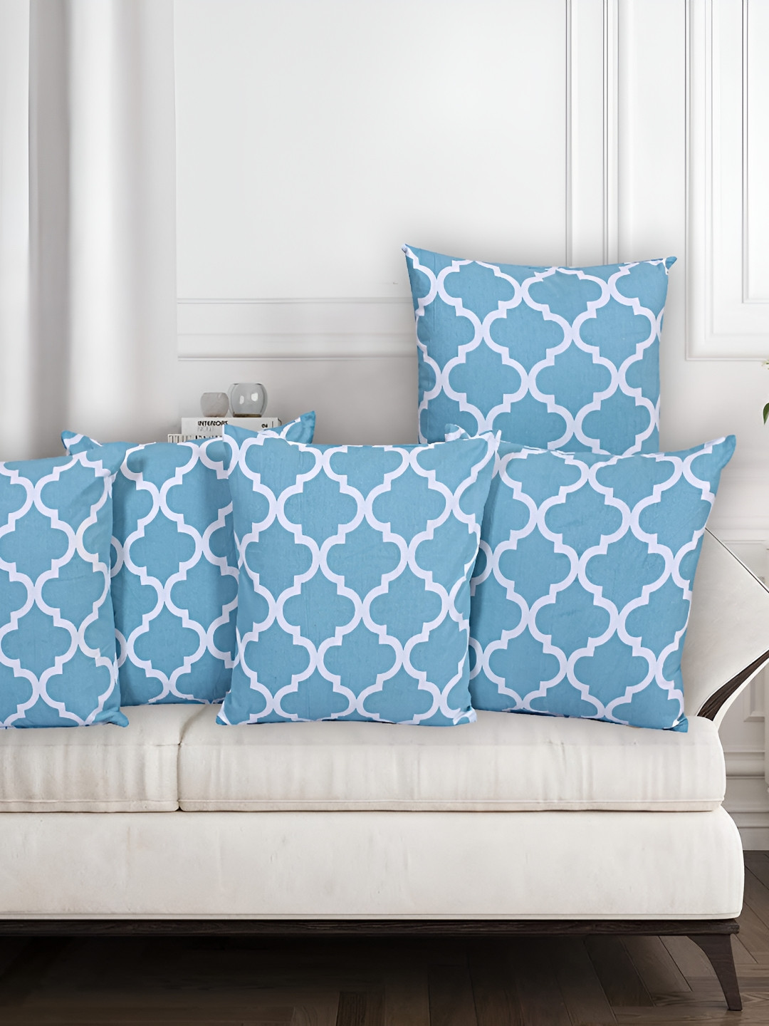 Texstylers Turquoise Blue & White 5 Pieces Square Cushion Covers