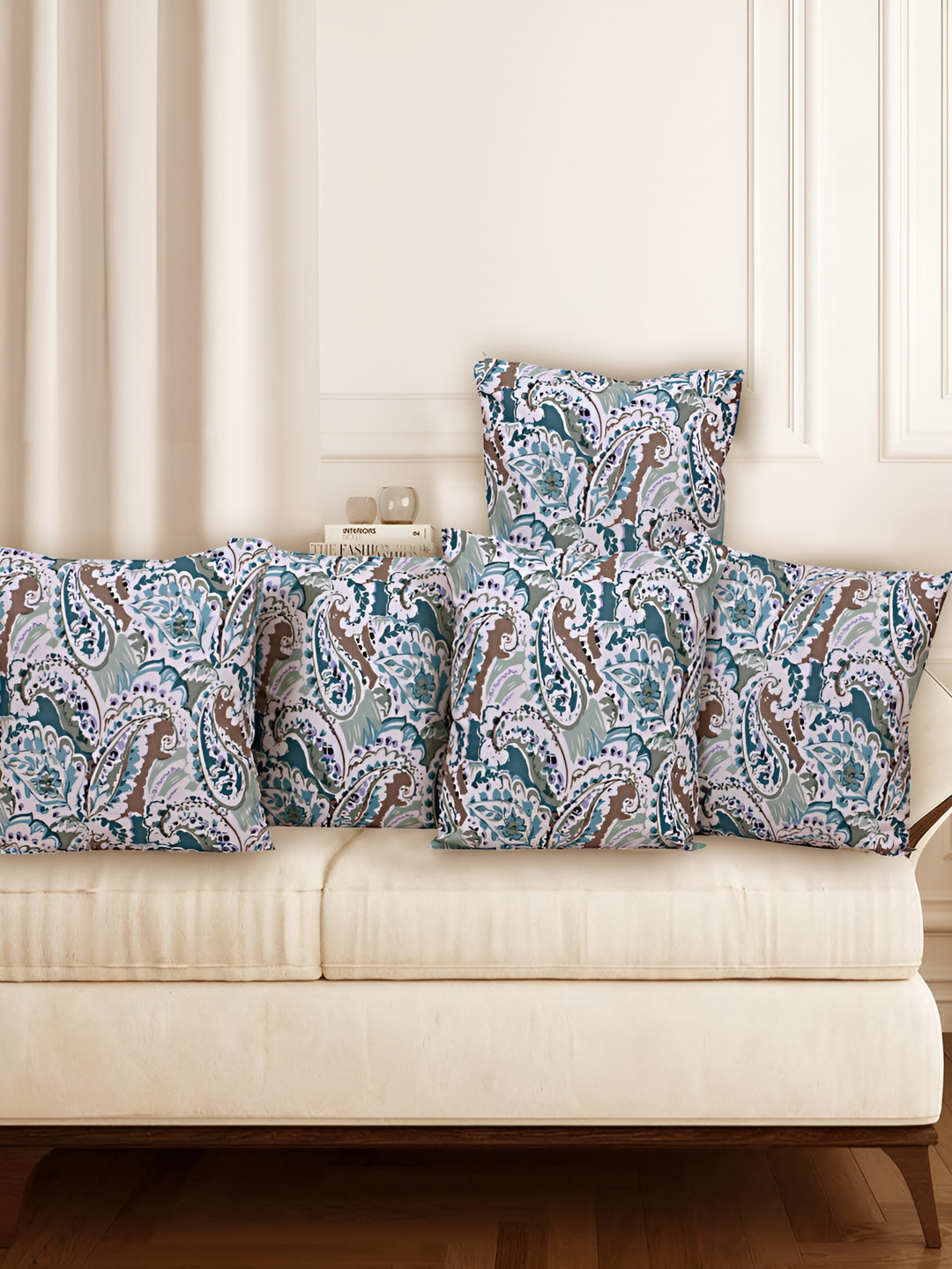 Texstylers Jaipuri Print Blue Paisley Cotton Reversible 5 Pcs Cushion Covers -16x16In