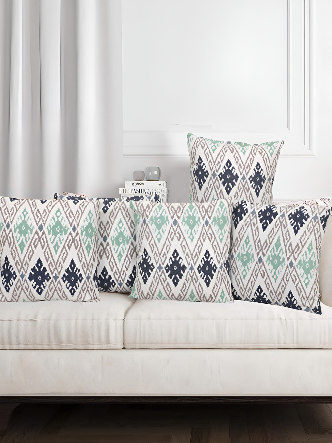 Texstylers Jaipuri Print Ethnic Motifs Cotton Reversible 5 Pcs Cushion Covers -16x16In