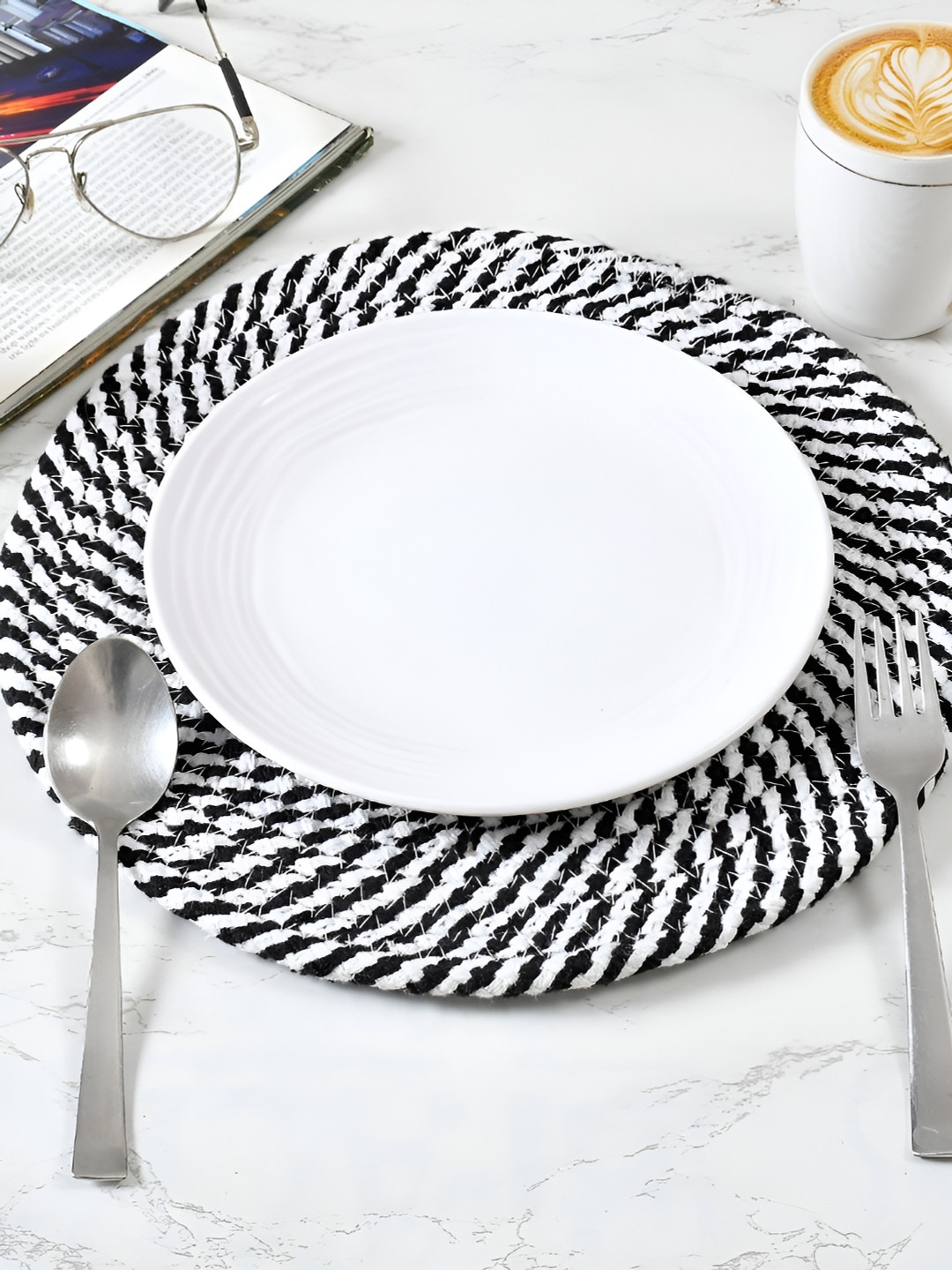 HOMADORN 4 Pieces Black & White Self Design Pure Cotton Round Table Placemats
