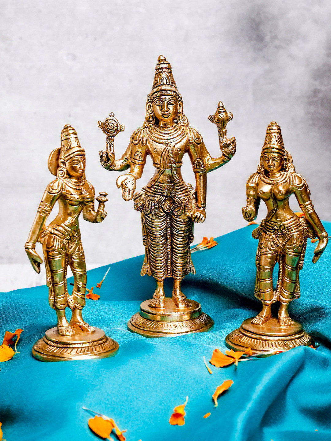The Advitya Vishnu with Bhudevi and Sridevi Gold Brass Metallic Prayer Room Set of 3 Small Showpieces - 6.7 Inches