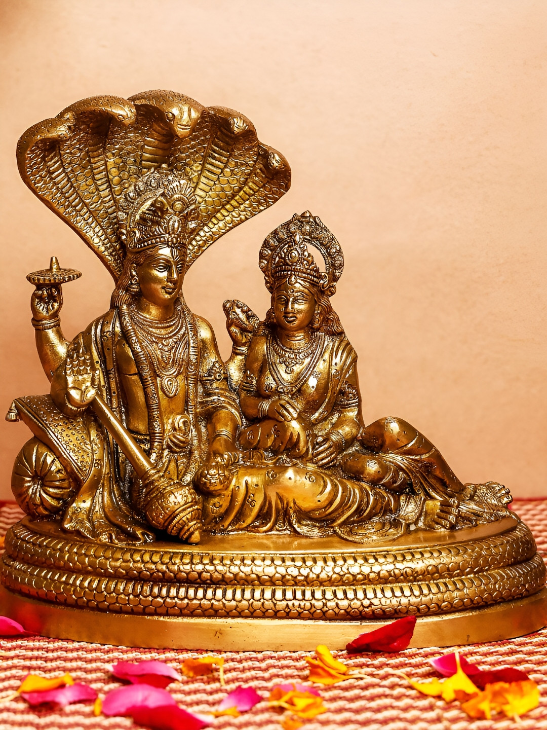 The Advitya Vishnu Laxmi Gold Brass Metallic Prayer Room Medium Showpiece - 9 Inches