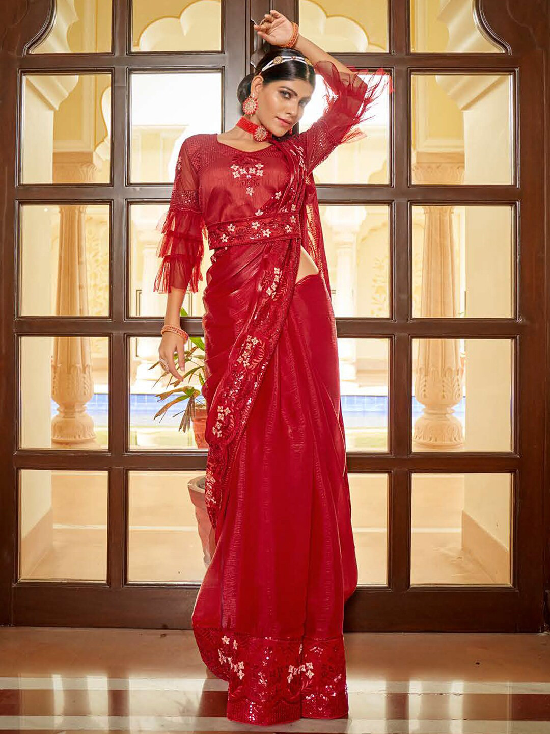 Kalista Embellished Embroidered Belted Sarees Organza Saree