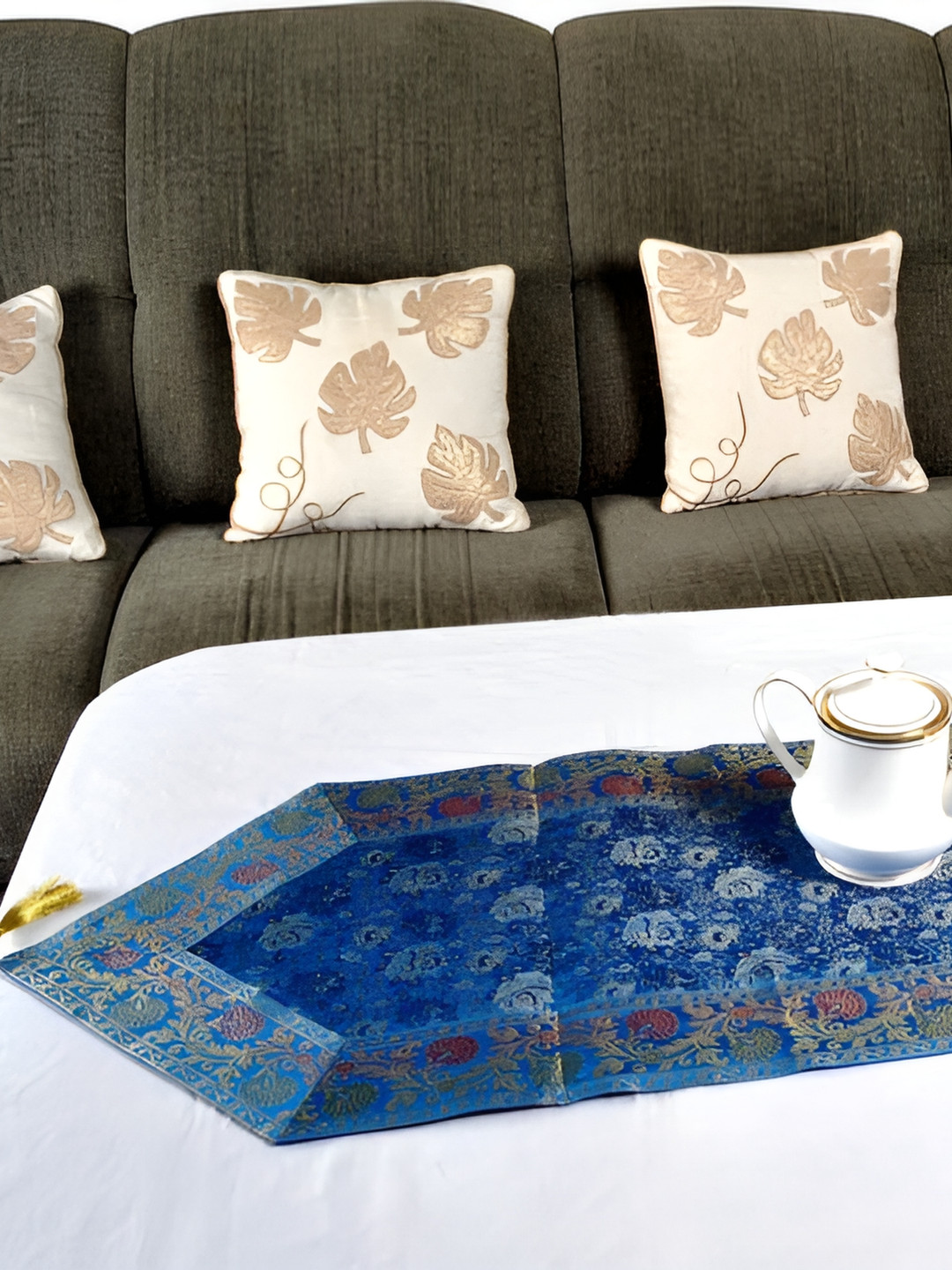 Lal Haveli Blue & Red Floral Table Runner With Tassels