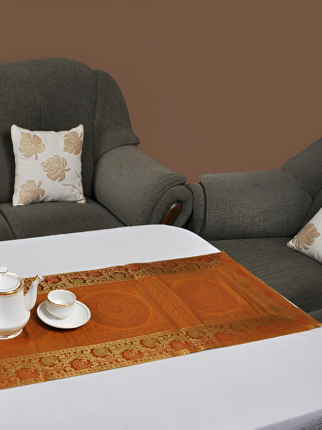 Lal Haveli Orange & Gold Toned Blend Rectangular Table Runner