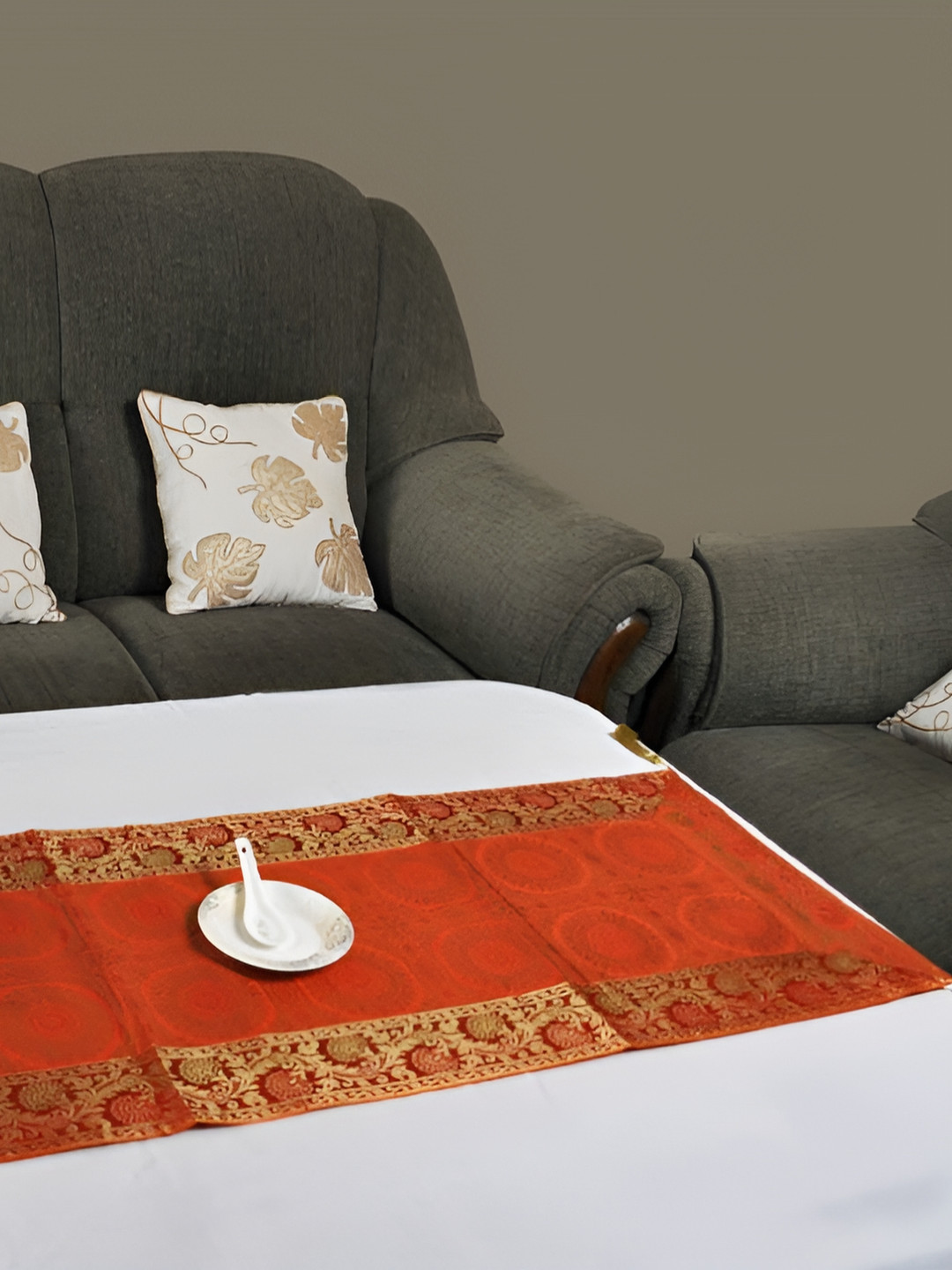 Lal Haveli Orange & Gold Toned Floral Rectangular Table Runner