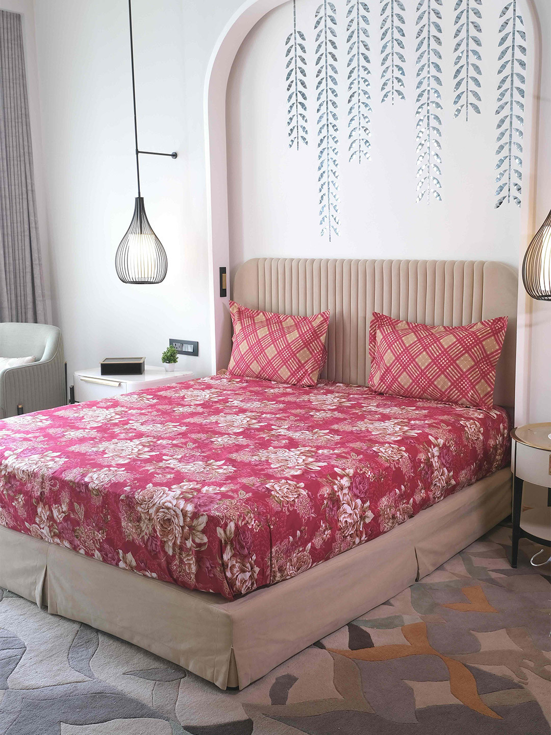 Pure Decor Leisure Fur Maroon Floral Polycotton 300 TC King Fine Bedsheet with 2 Pillow Covers-108 x 108 inches