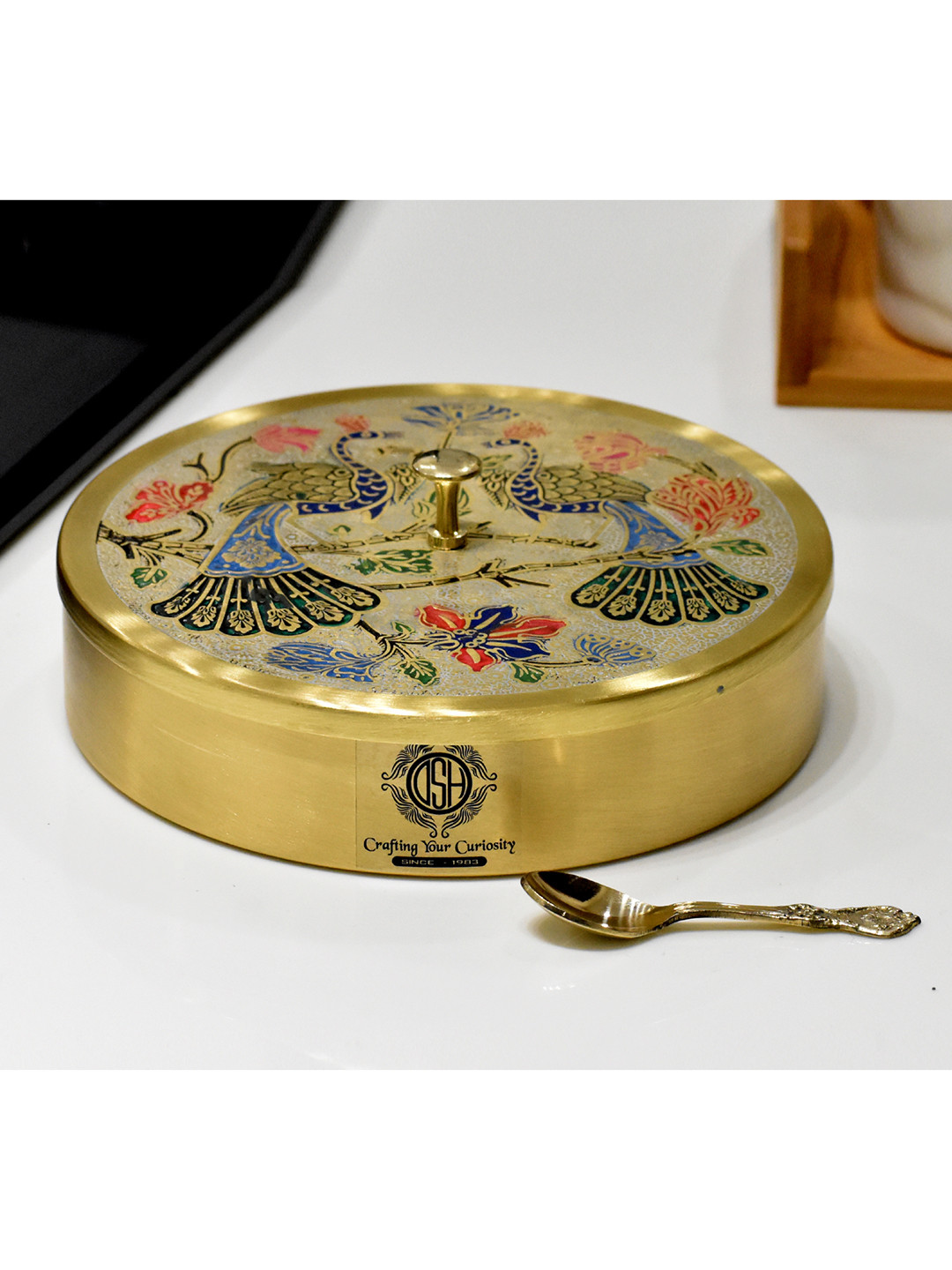 DSH Crafting Your Curiosity Gold Toned & Blue Printed Brass Spice Box