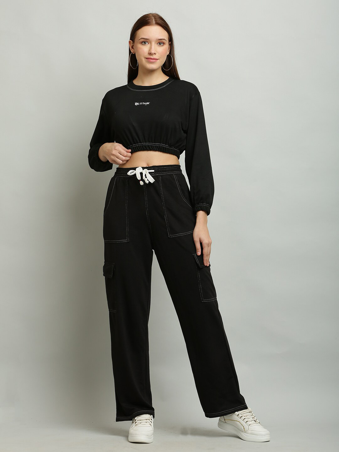 BAESD Round Neck Long Sleeves Crop T-shirt With Cargo Trouser