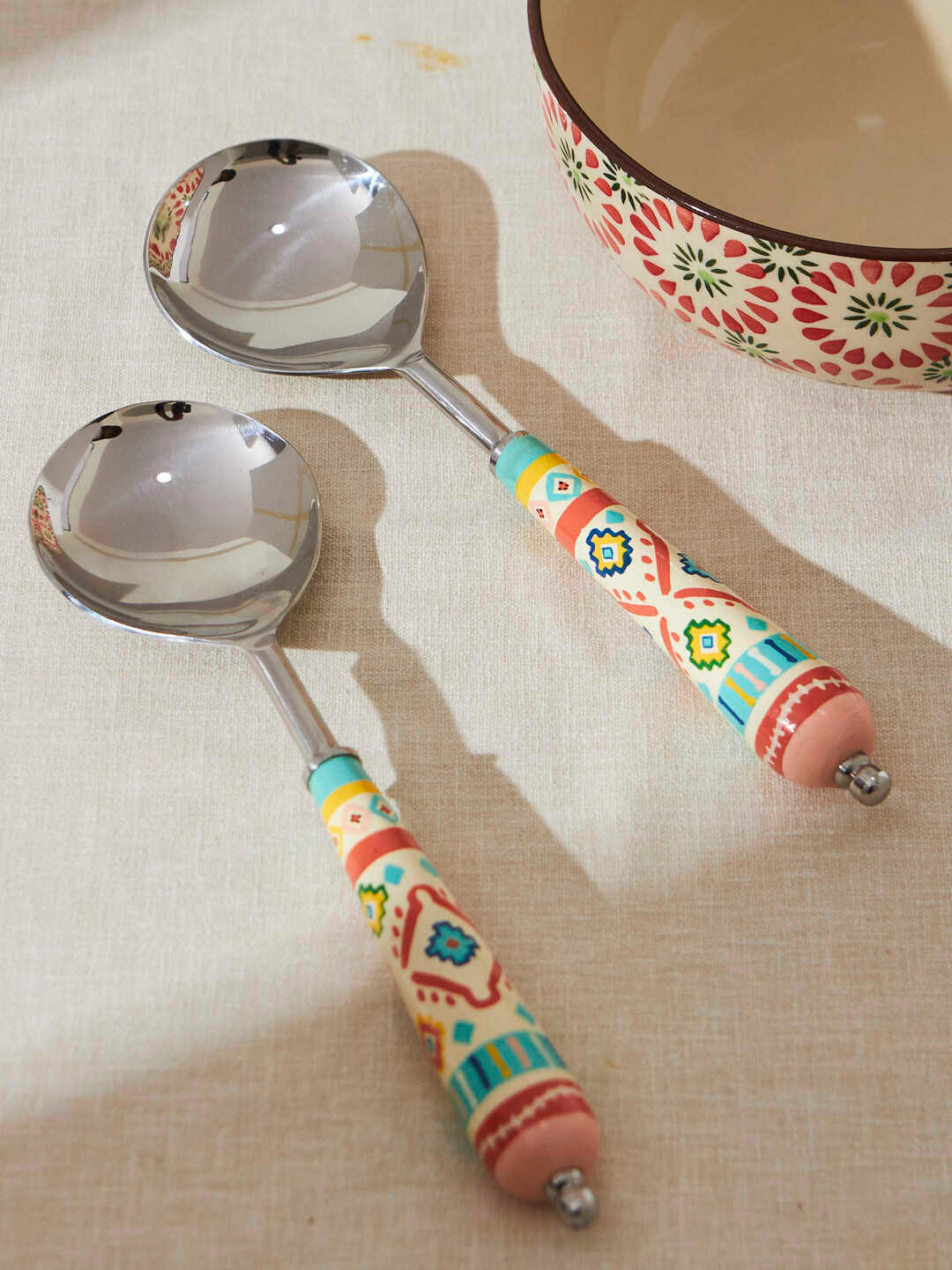 Chumbak Farmhouse Blue & Red 2 Pieces Stainless Steel Serving Spoons