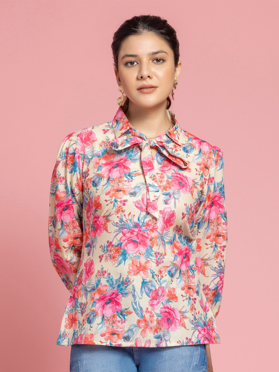 OCTICS Pink Floral Print Tie-Up Neck Cuffed Sleeve Cotton Top