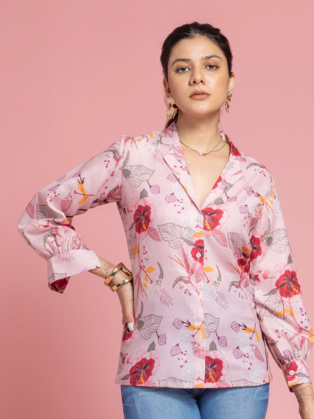 OCTICS Pink Floral Print Shirt Collar Cuffed Sleeves Cotton Shirt Style Top