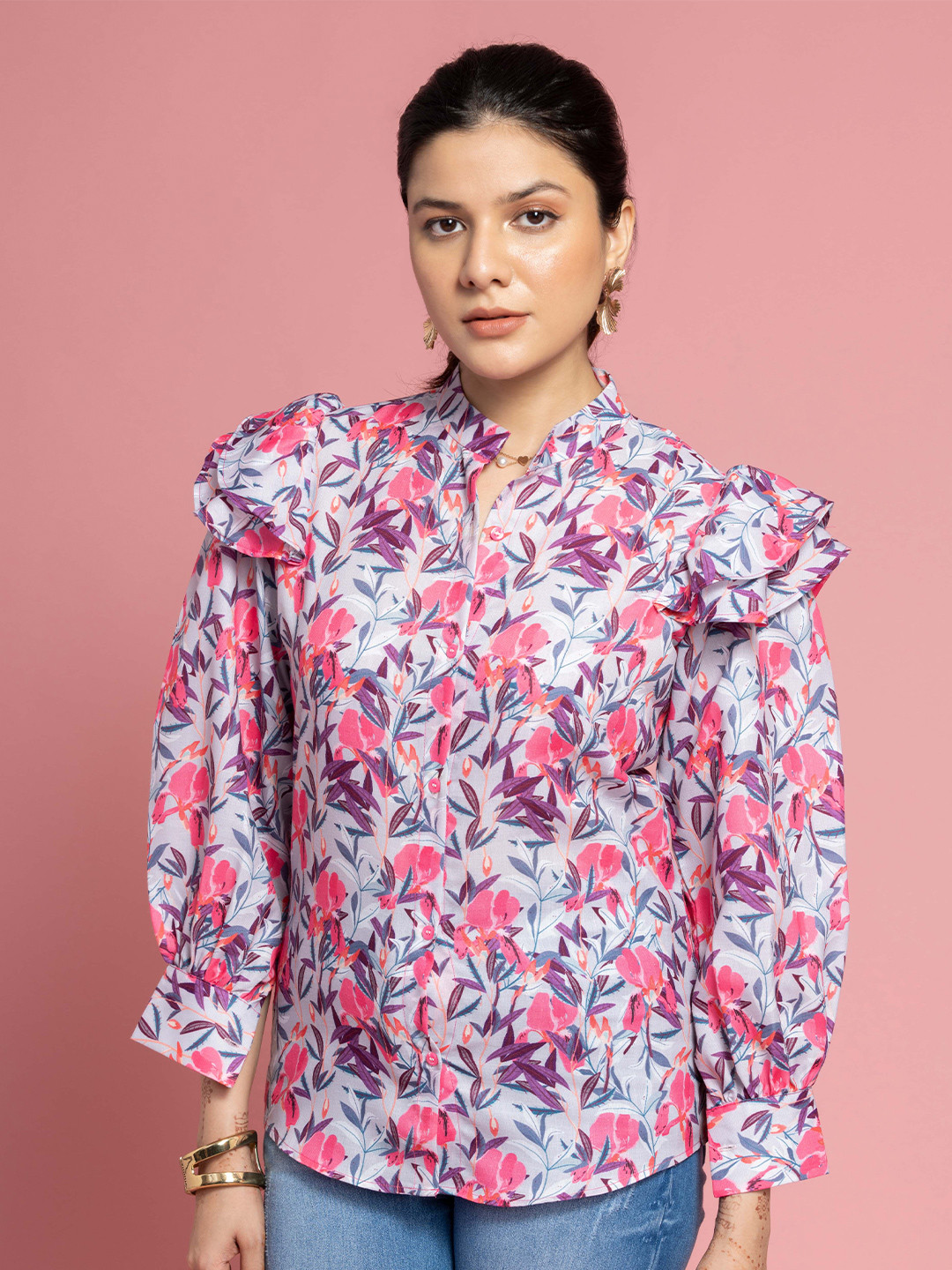 OCTICS Floral Print Mandarin Collar Cuffed Sleeves Cotton Shirt Style Top