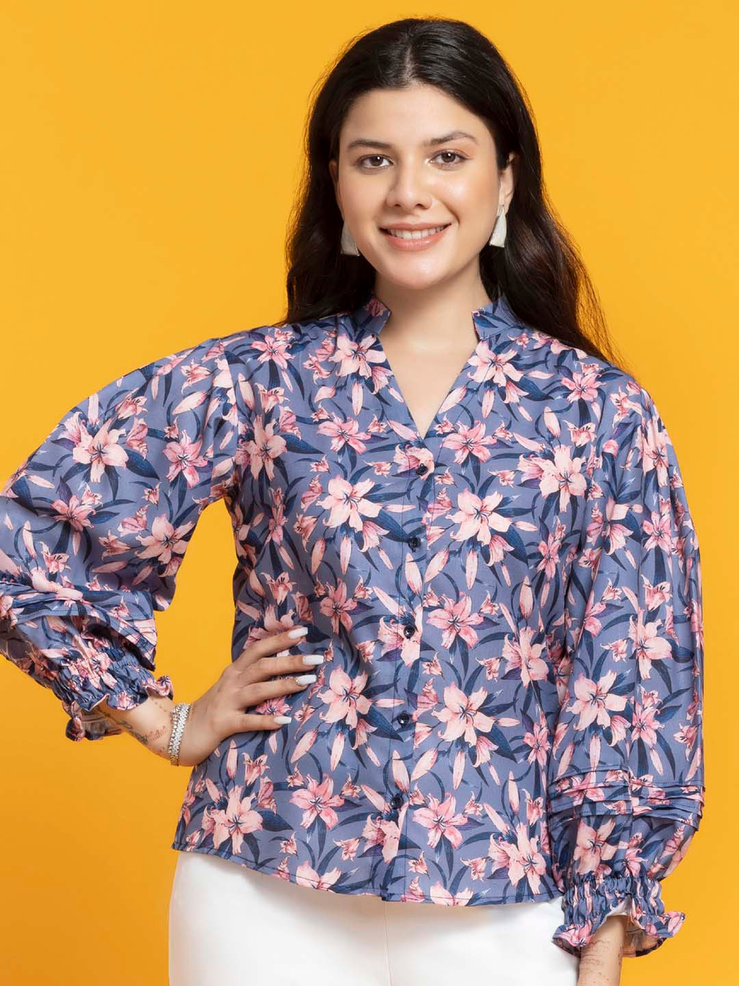 OCTICS Floral Print Mandarin Collar Puff Sleeve Cotton Shirt Style Top