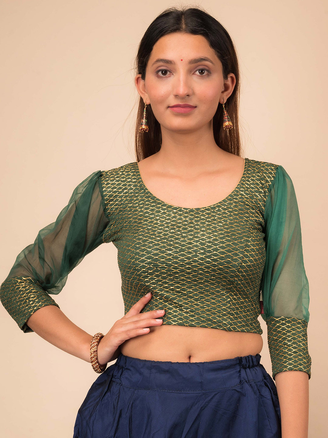 Bindigasm's Advi Simi Gold Checked Embellished Jacquard Organza Stretchable Blouse