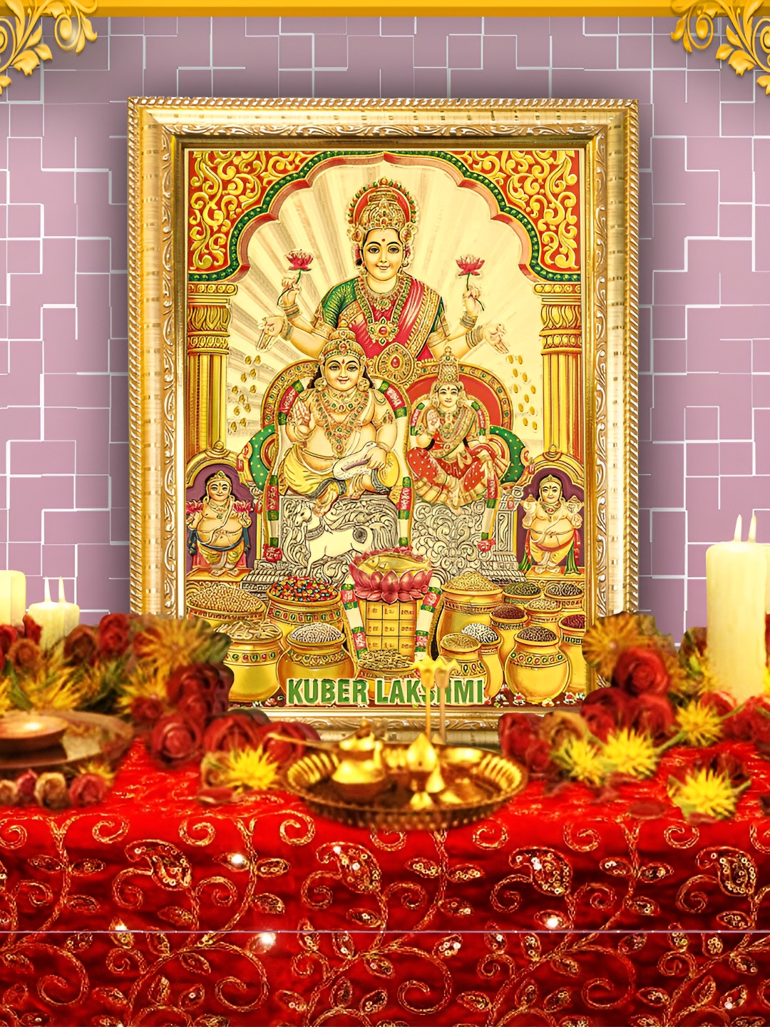 Hawai Gold-Toned Wooden Kuber Laxmi Wall Photo Frames
