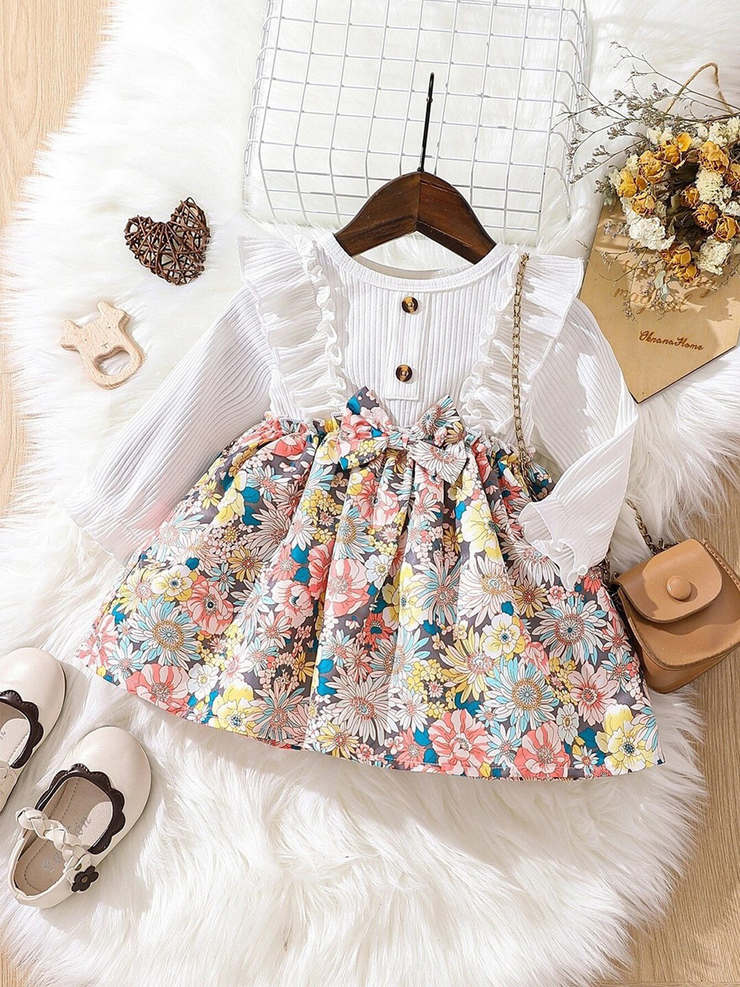 BAESD White & Multicoloured Floral Print A-Line Dress