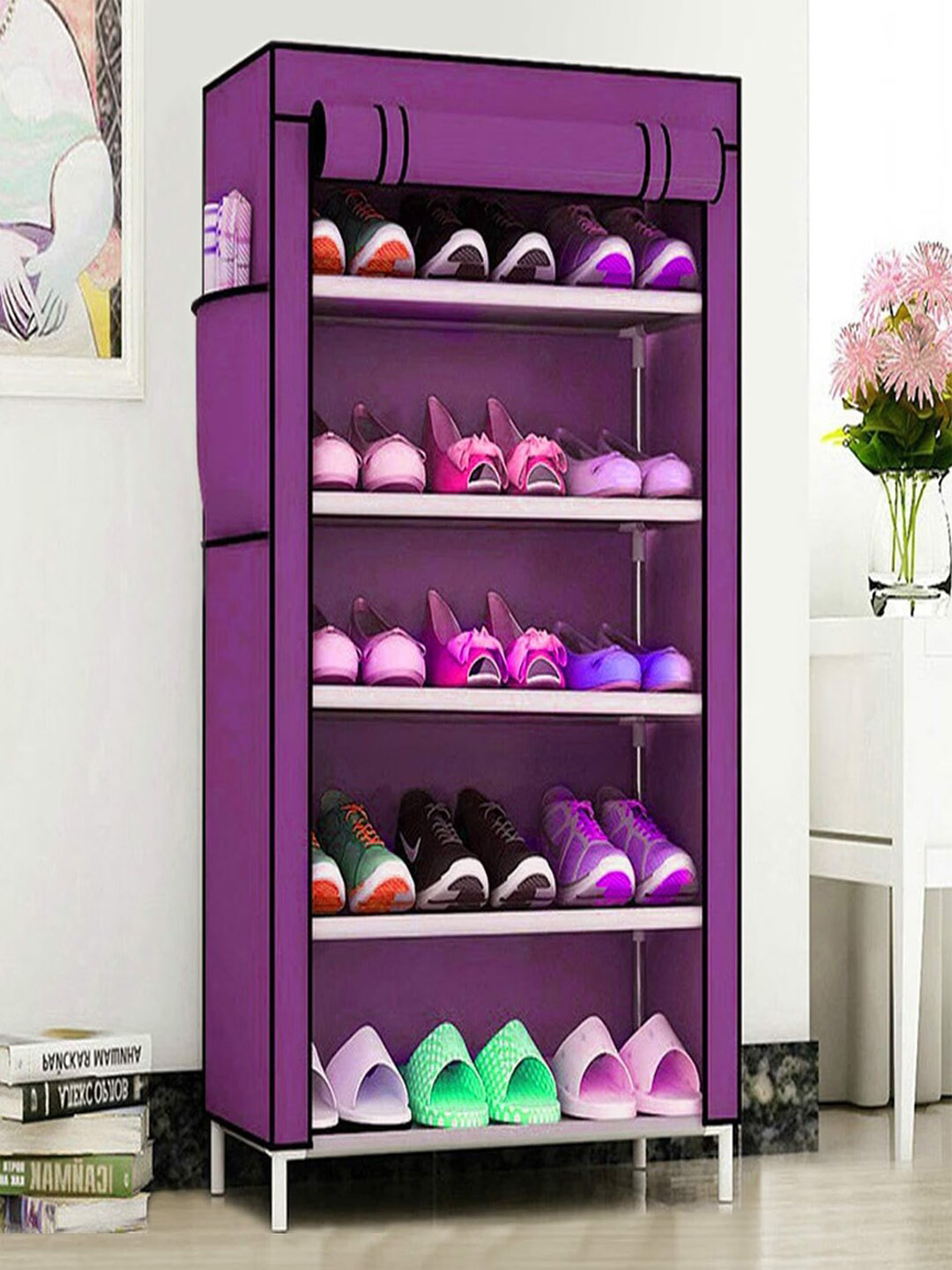 Kuber Industries Purple Non-Woven Foldable 5 Shelves Shoe Rack Organiser