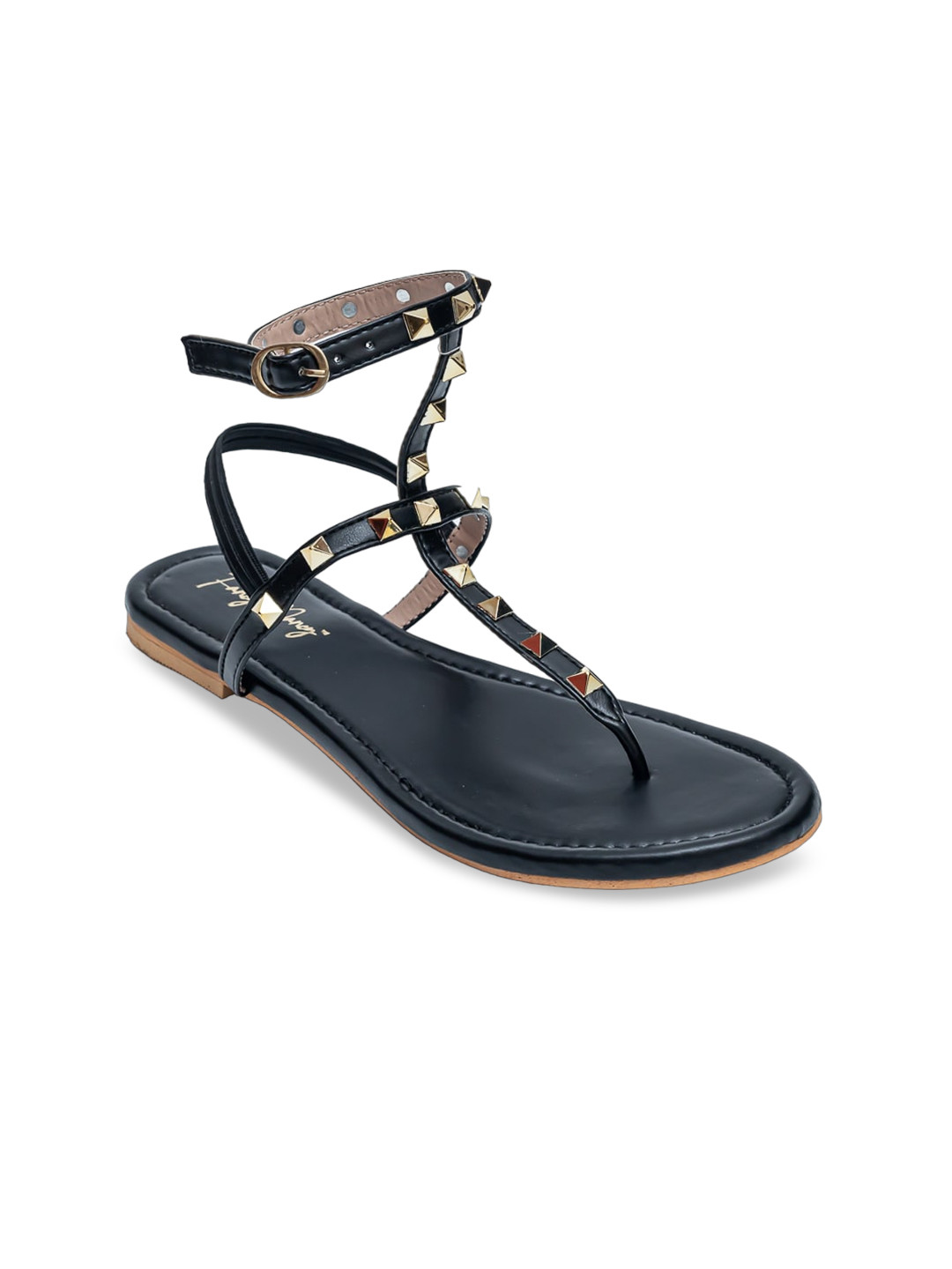 Dapper Feet-Fancy Nancy Embellished Textured T-Strap Flats With Buckle Closure