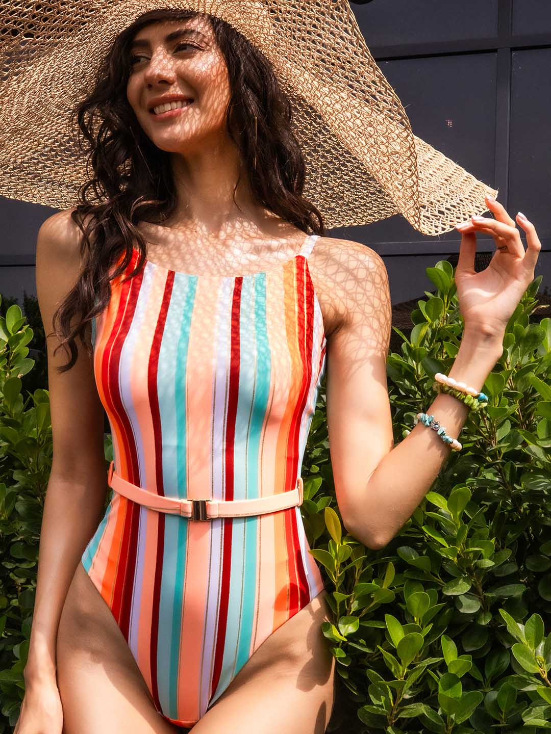 Aoba Striped Belt Detailed Swim Bodysuit