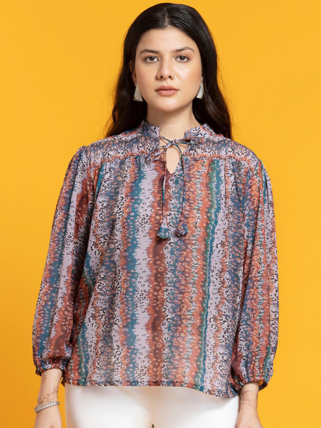 OCTICS Brown Animal Print Tie-Up Neck Cuffed Sleeve Georgette Shirt Style Top