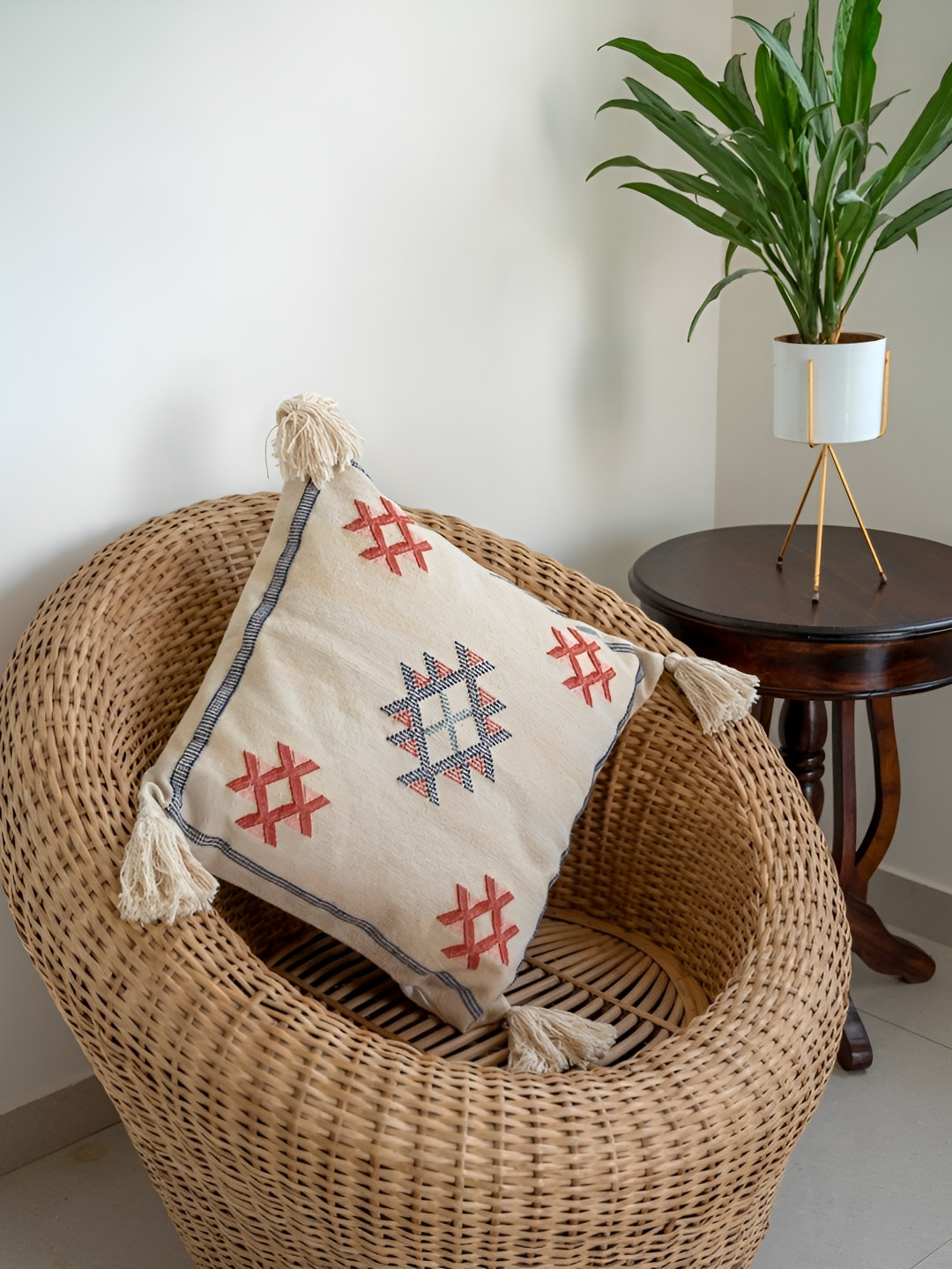 ABSTRACT INDIA Beige Brown Geometric Hand Block Printed Cotton Square Cushion Cover