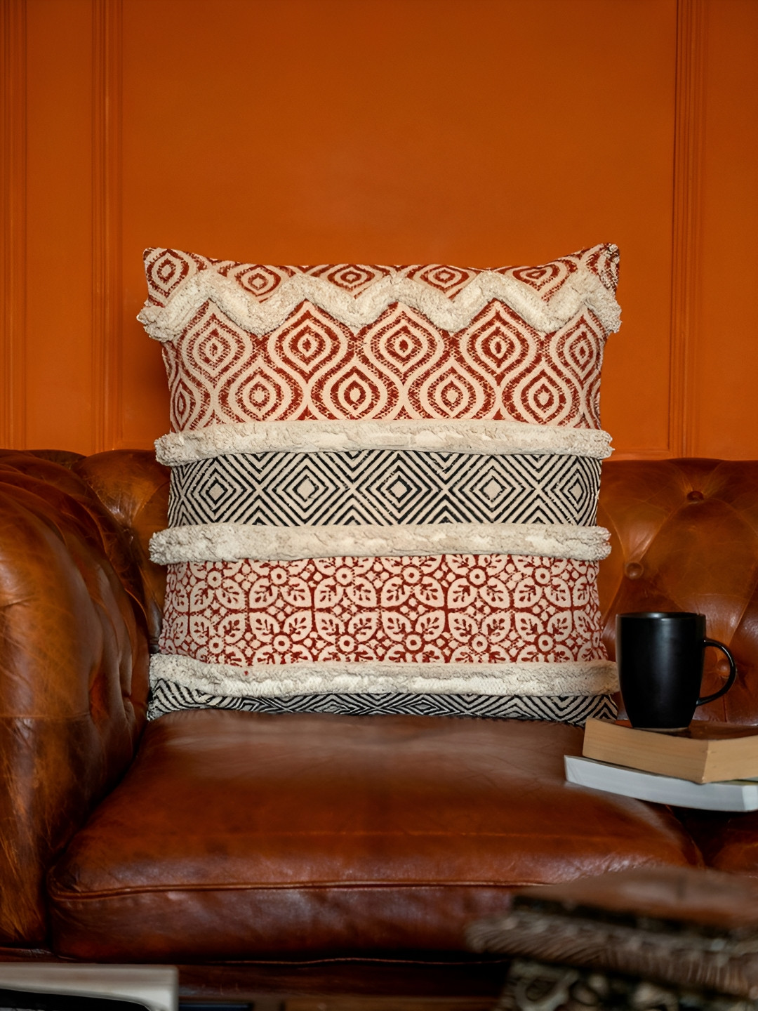 ABSTRACT INDIA ABSTRACT INDIA HAND BLOCK Maroon Geometric Cotton Cushion Cover -20x20In