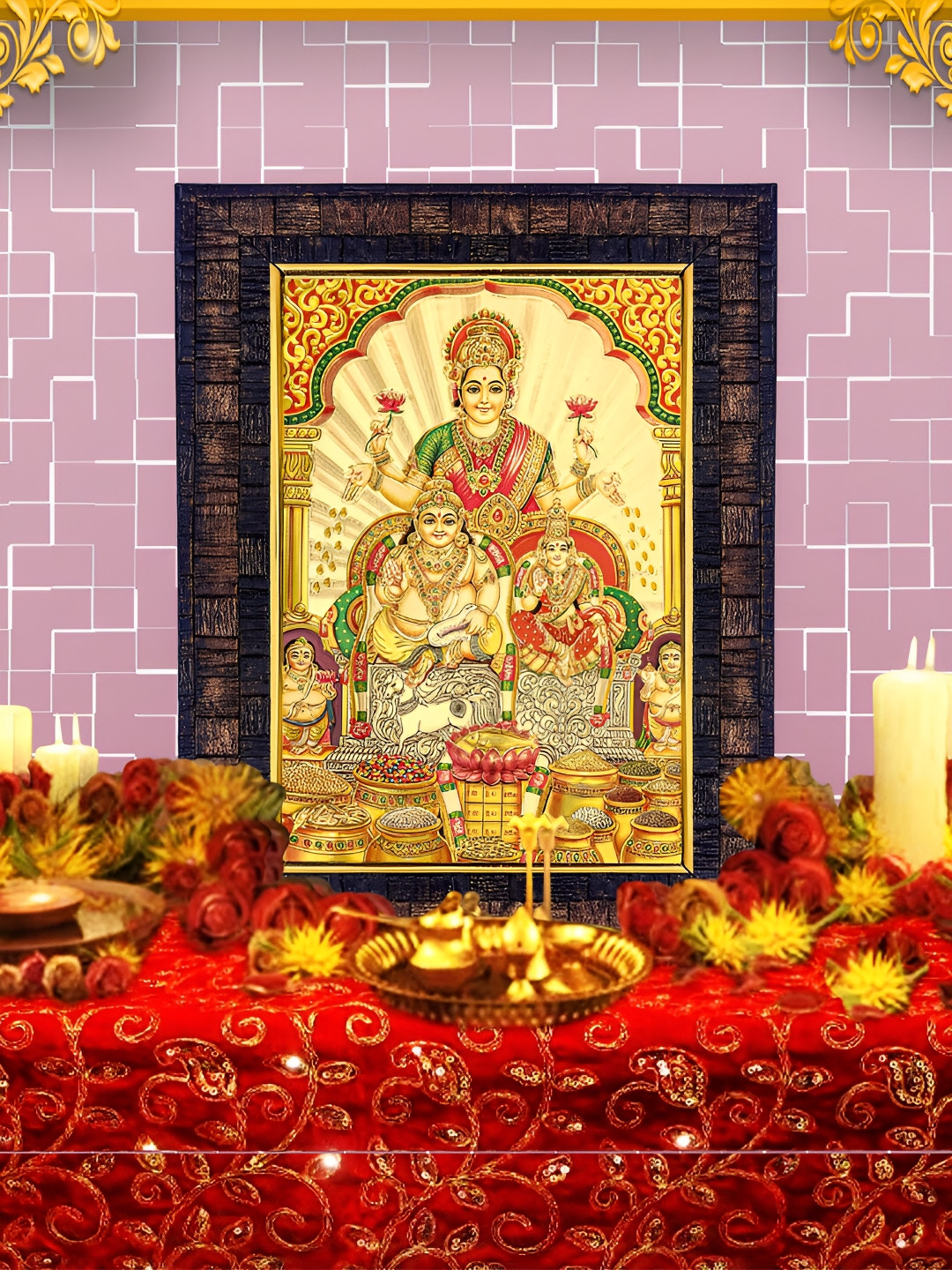 Hawai Black Kubera Lakshmi Wooden Photo with Religious Frame