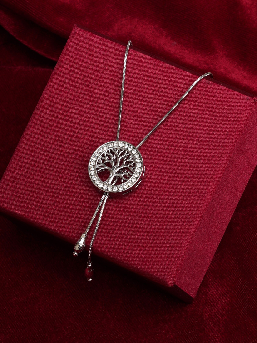 Mali Fionna Silver Plated Cubic Zirconia Stone Studded Circle-Shape Pendant With Chain