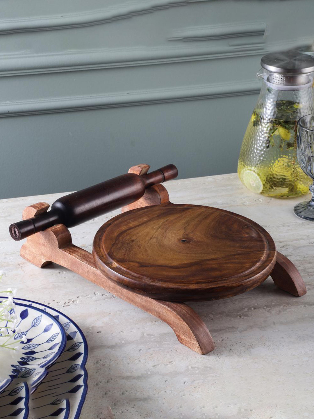 The Decor Mart Brown Wooden Chakla Belan With Stand