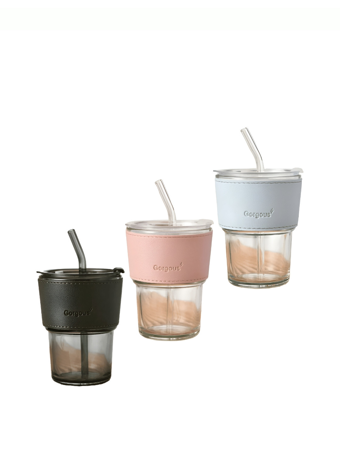 WELOUR Black & Pink 3 Pieces Glass Mugs With Straw