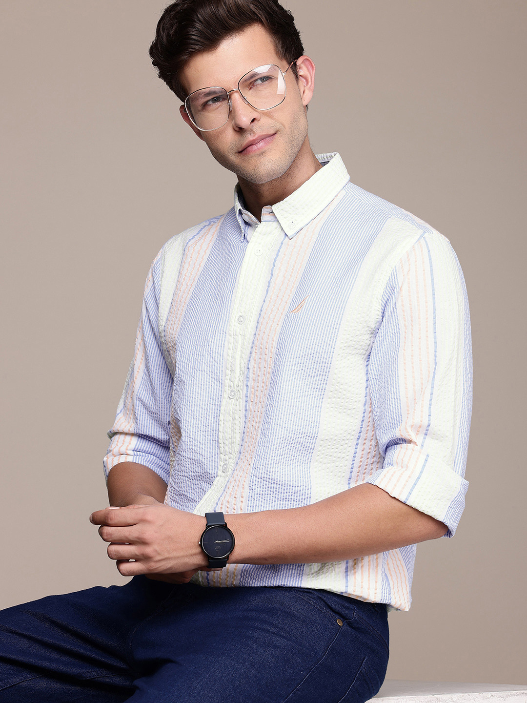 Nautica Pure Cotton Classic Fit Opaque Striped Casual Shirt