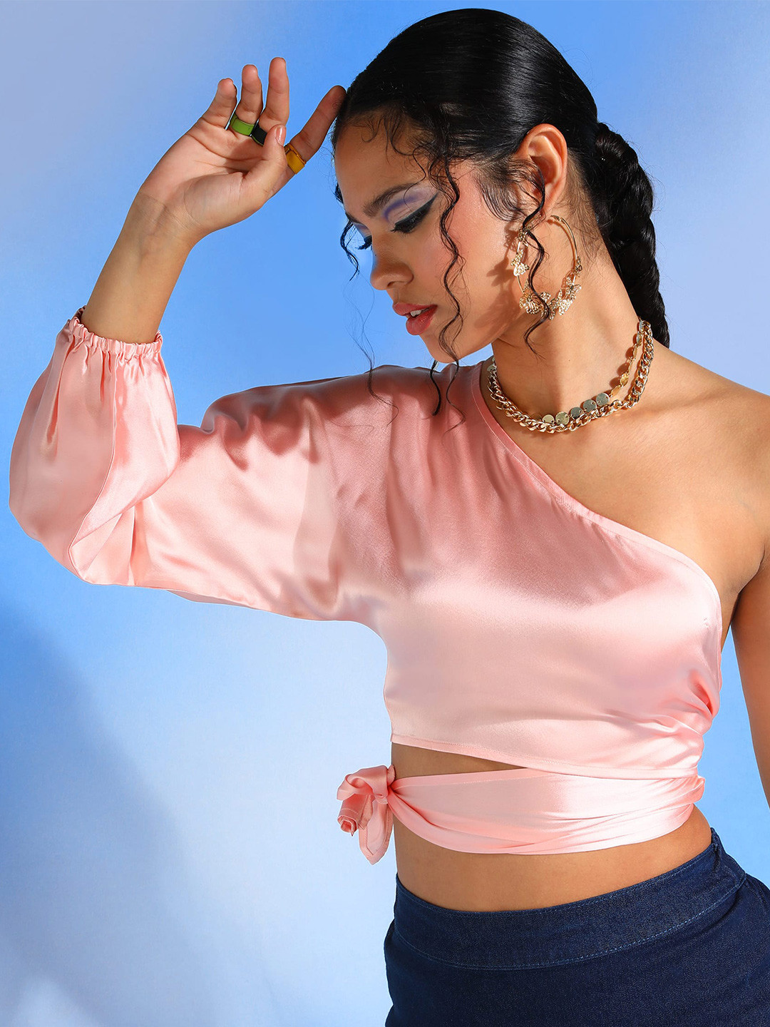 Fuchsia  One Shoulder Puff Sleeves Waist Tie-Ups Satin Regular Top