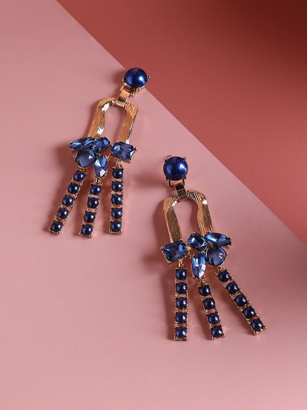 DressBerry Gold-Tones & Blue Gold-Plated Stones Studded Contemporary Drop Earrings
