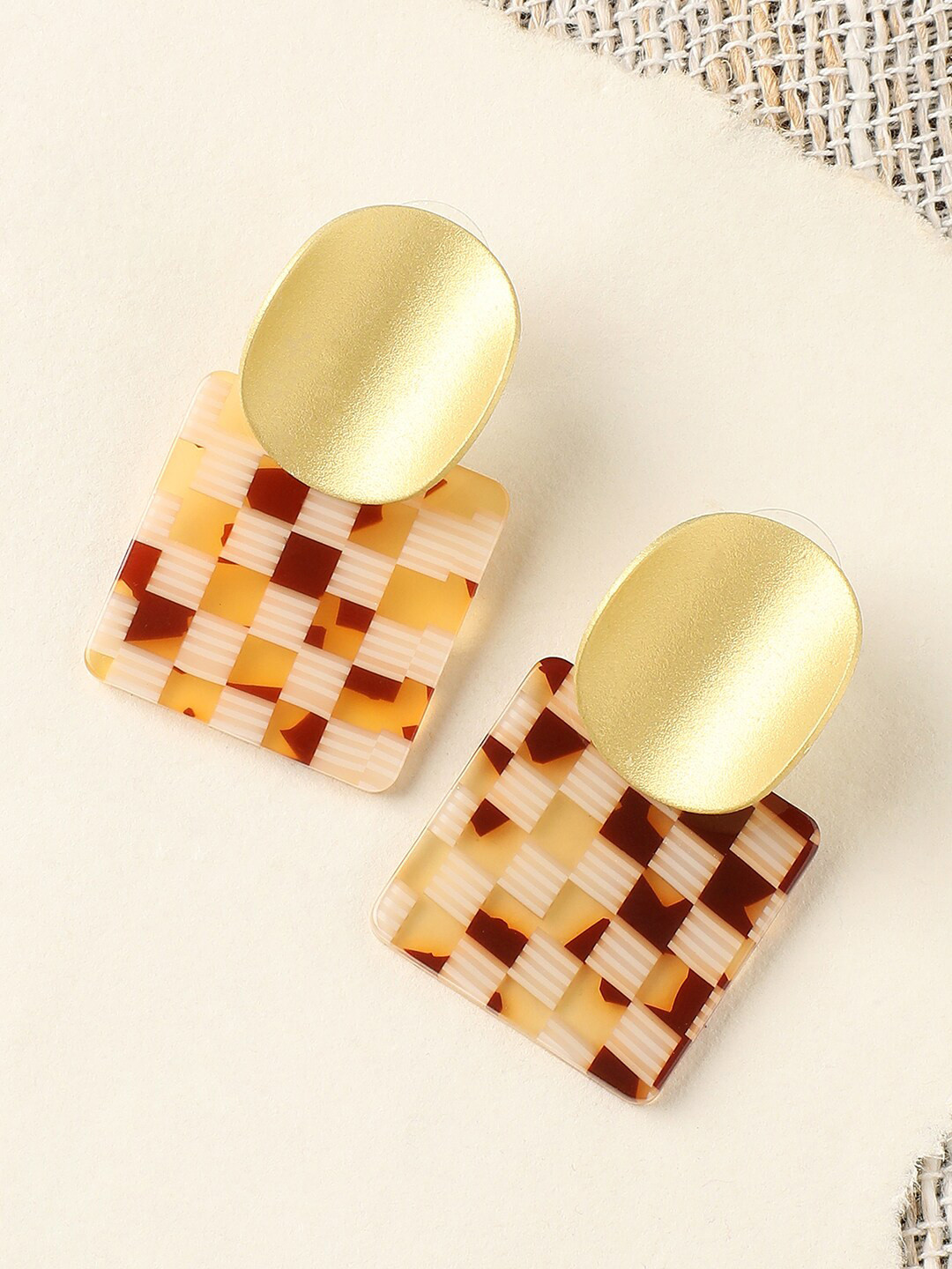 DressBerry Maroon Gold-Pleated Square Drop Earrings