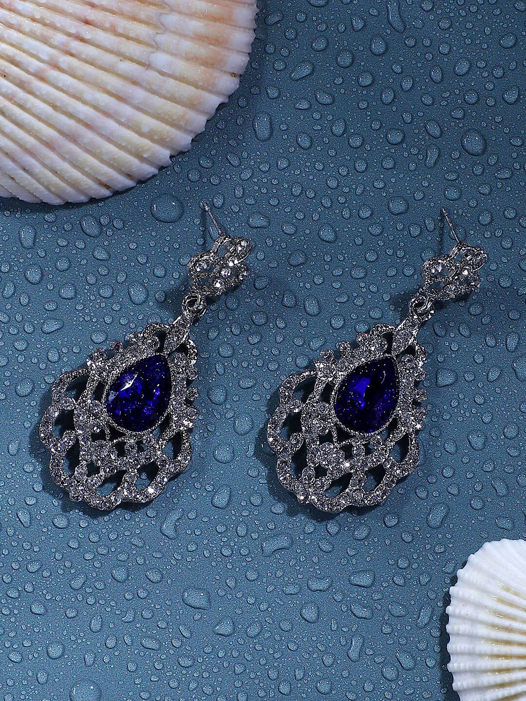 DressBerry Silver-Toned & Blue Silver-Plated Stones Studded Contemporary Drop Earrings