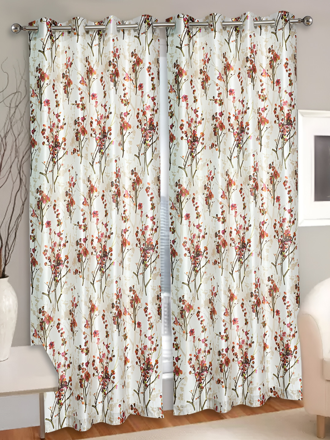 REYANSH DECOR Orange & Off White 2 Pieces Floral Window Curtains